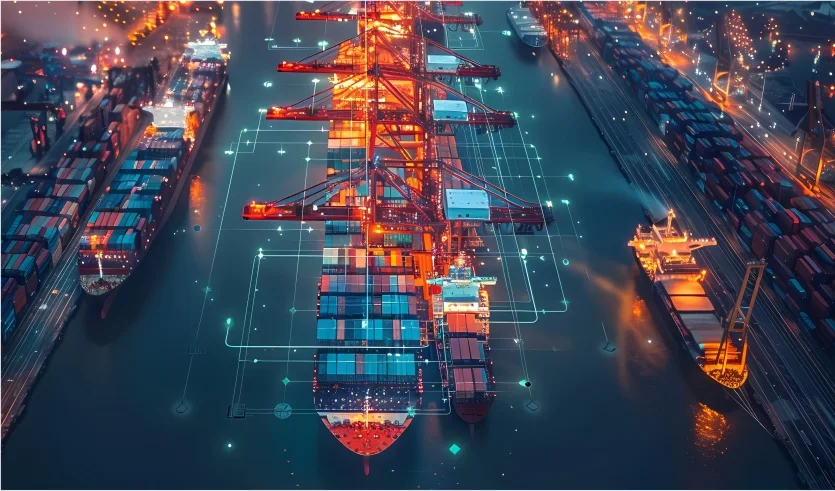Digitally connected container port at night